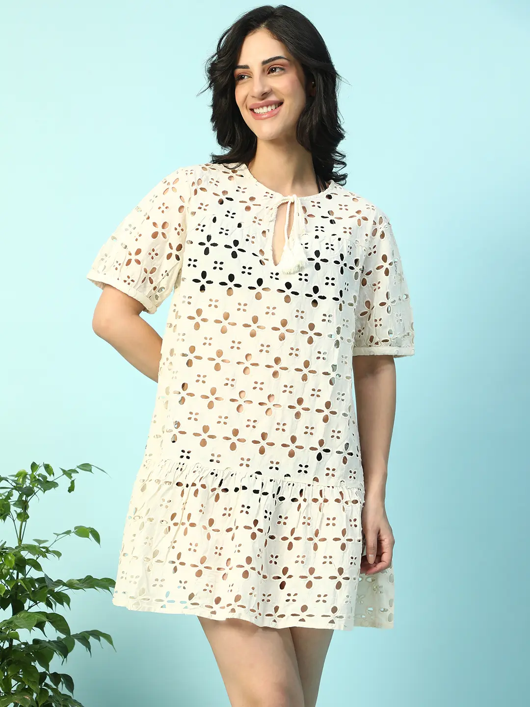 Women’s Beige Cotton Schiffli Above-Knee Beachwear Dress - Image 9