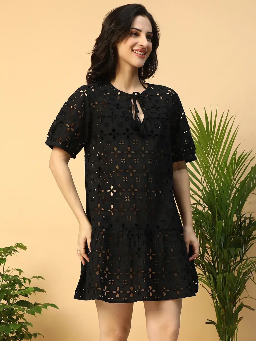 Women’s Black Cotton Schiffli Above-Knee Beachwear Dress - Image 3
