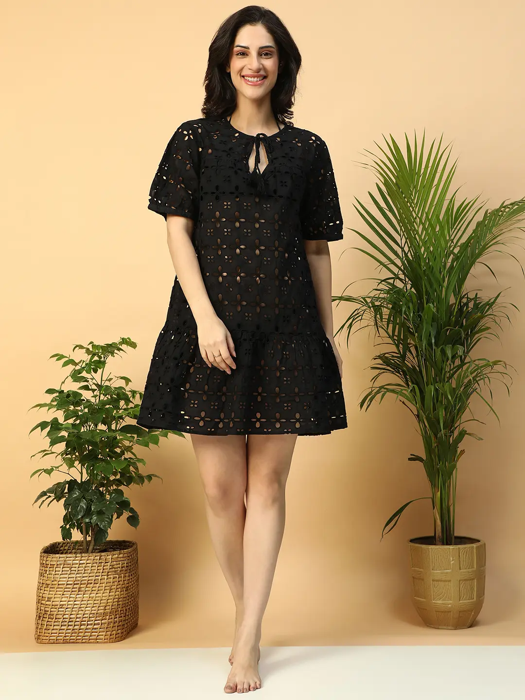 Women’s Black Cotton Schiffli Above-Knee Beachwear Dress - Image 4
