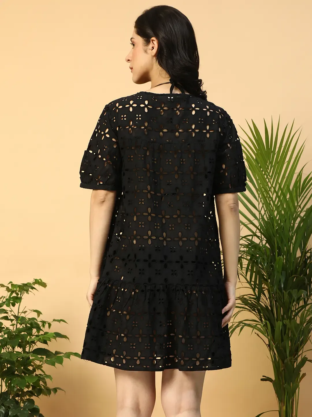 Women’s Black Cotton Schiffli Above-Knee Beachwear Dress - Image 5