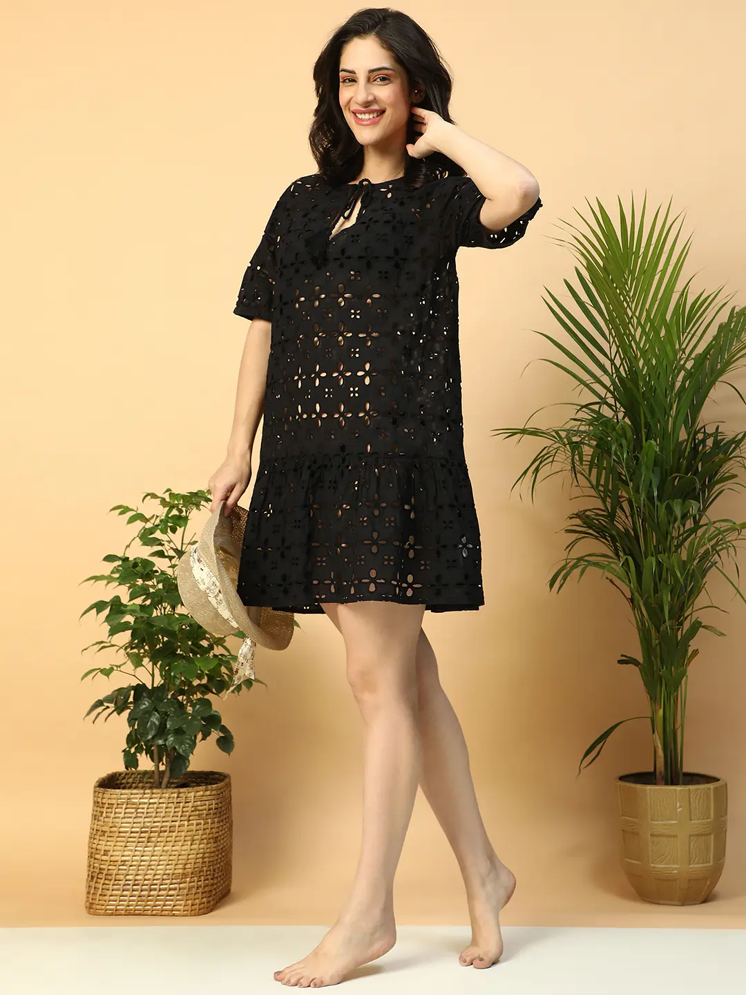 Women’s Black Cotton Schiffli Above-Knee Beachwear Dress - Image 7