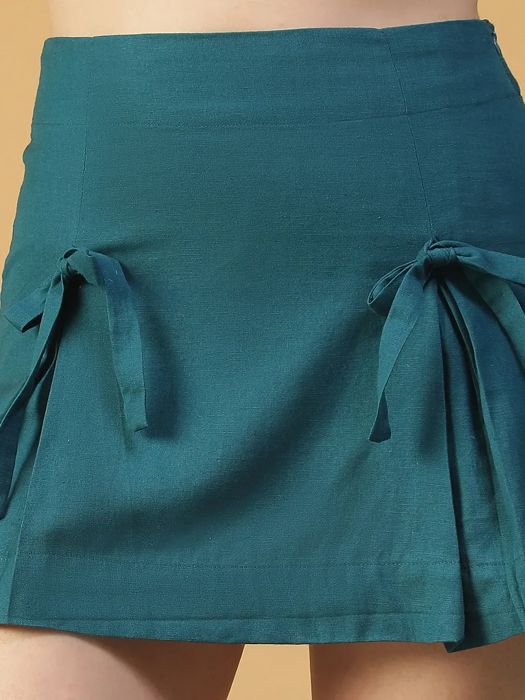 Women’s Blue Elasticated Cotton Mini Skirt with Tie-Up Detail - Image 6