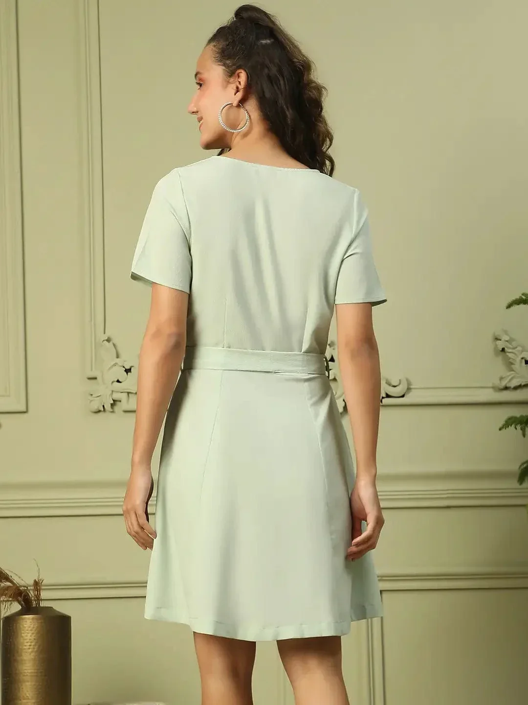 Women Sage Green Round Neck Short Sleeve Button Down Dress With Pocket Detail and Tie Knot Waist Belt - Image 5