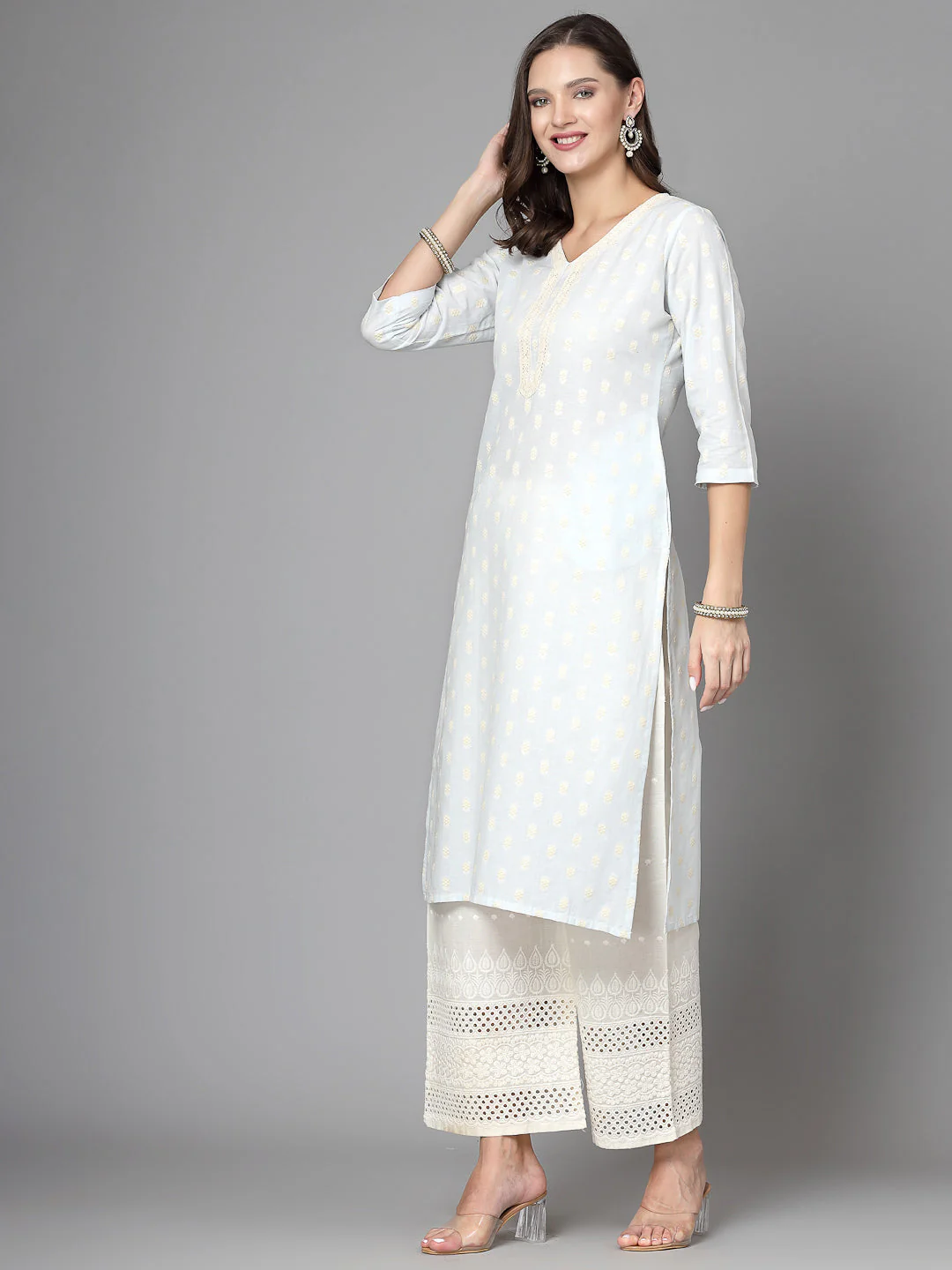 Women Sky Blue Cotton Dobby Kurta With Lace - Image 3