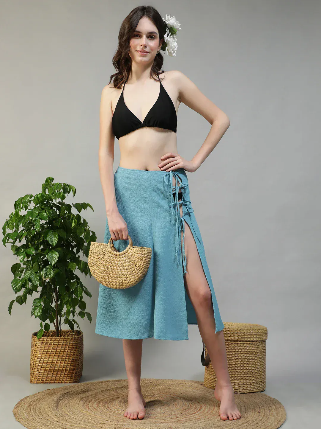 Women Sky Blue Elasticated Beachwear Skirt With Tie Up - Image 3
