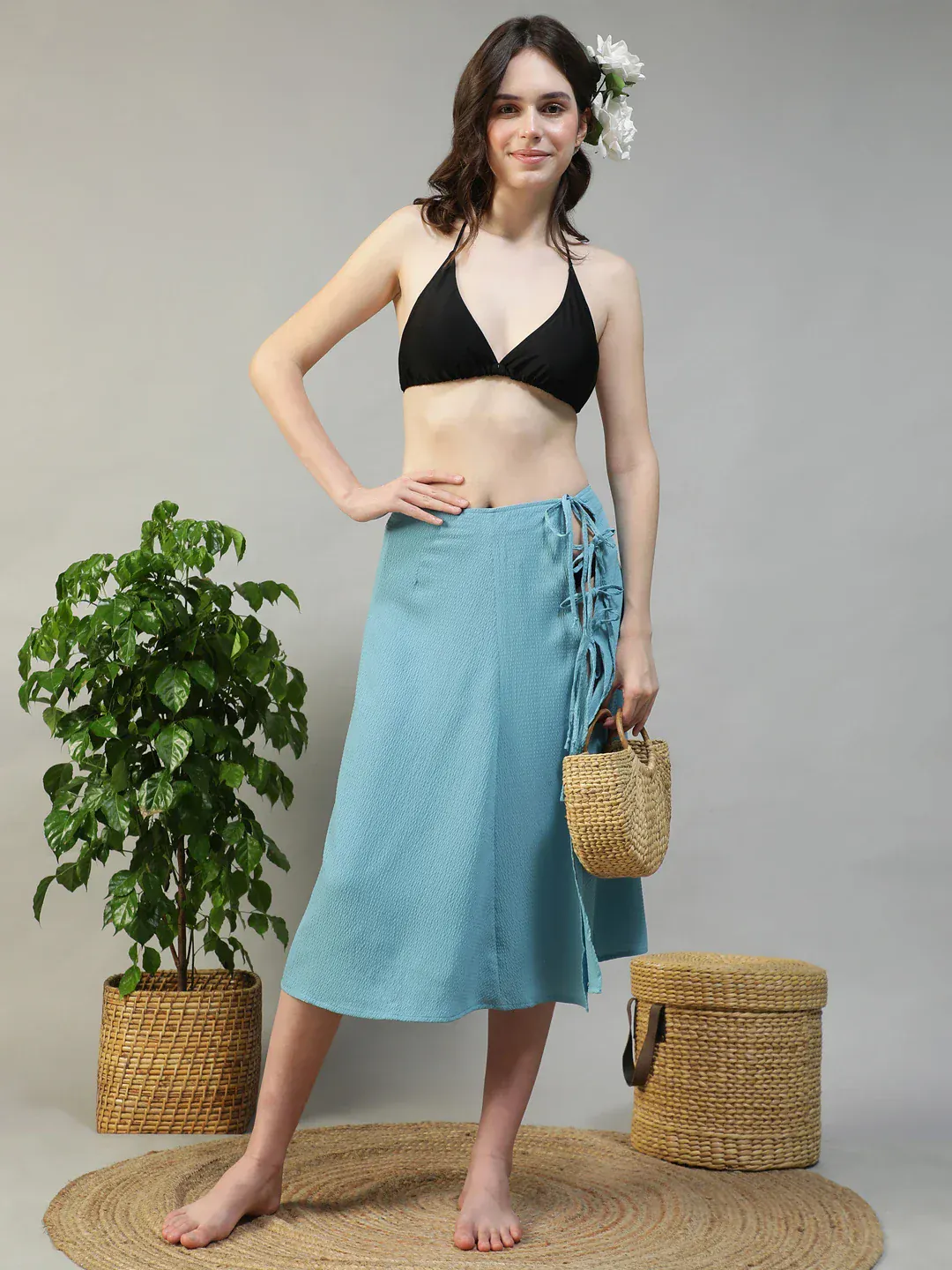 Women Sky Blue Elasticated Beachwear Skirt With Tie Up - Image 4