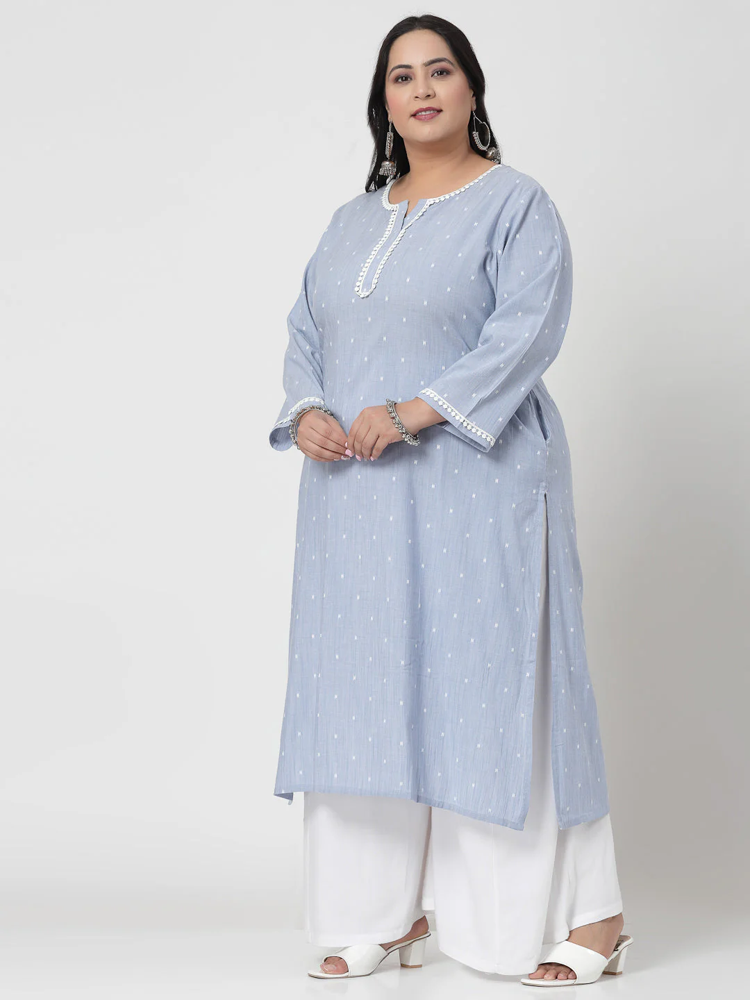 Women Sky Blue Plus Size Swiss-Dot Kurta With Lace - Image 3