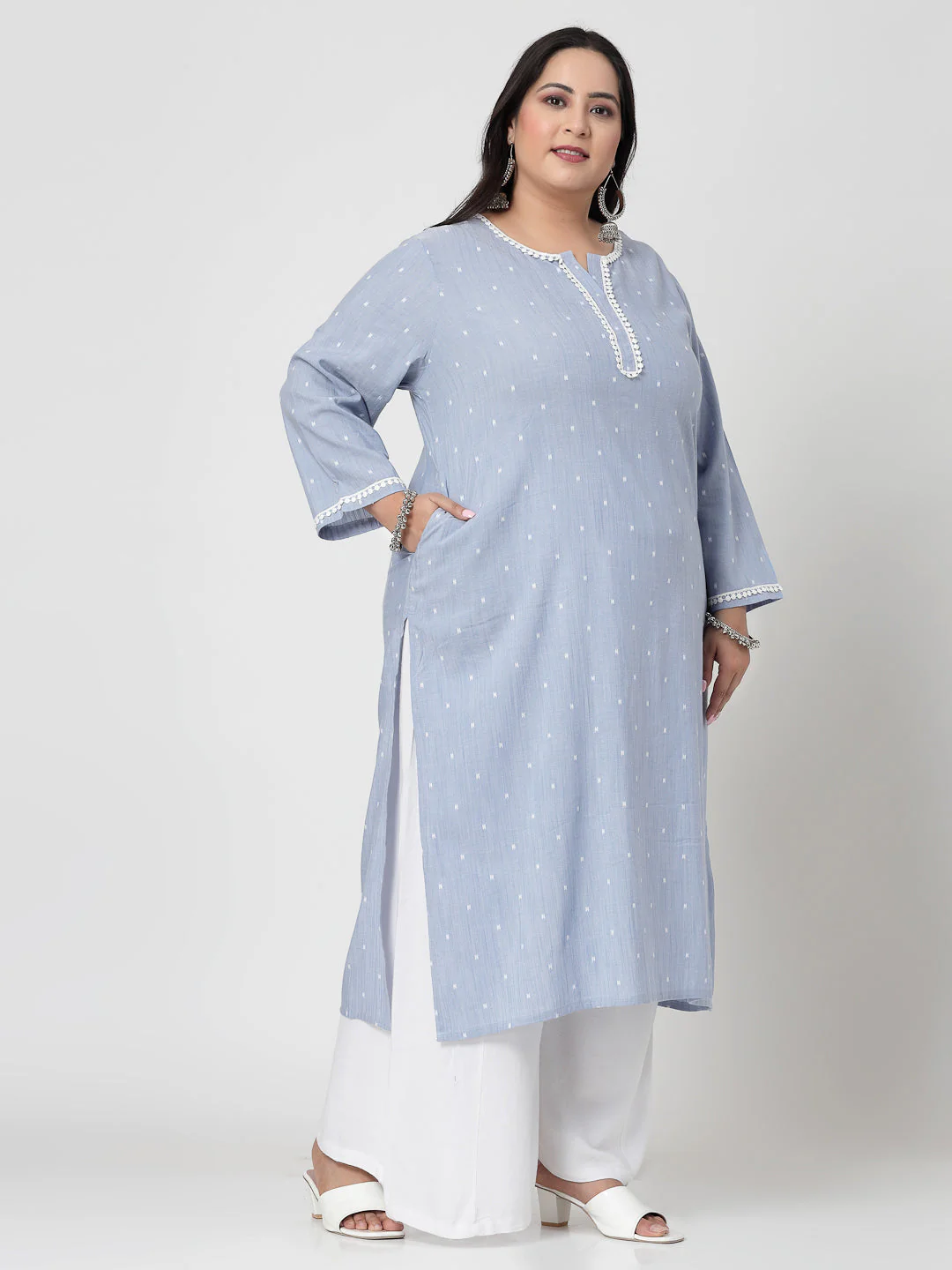 Women Sky Blue Plus Size Swiss-Dot Kurta With Lace - Image 4