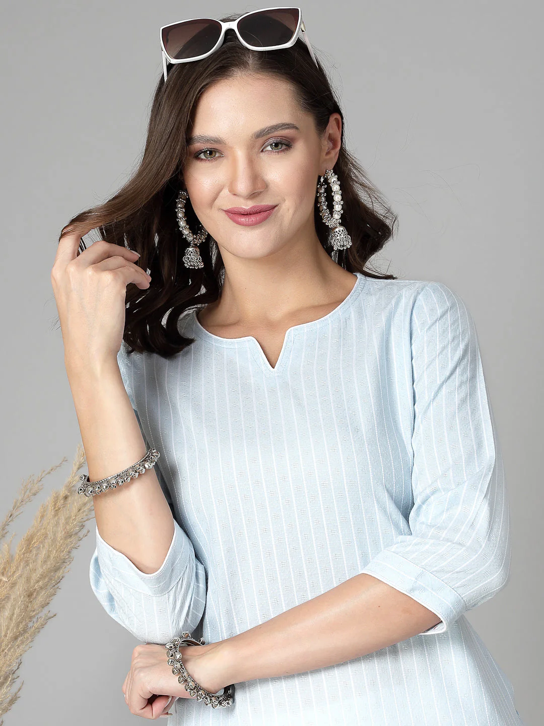 Women Sky Blue Striped Yarn-Dyed Kurta - Image 2