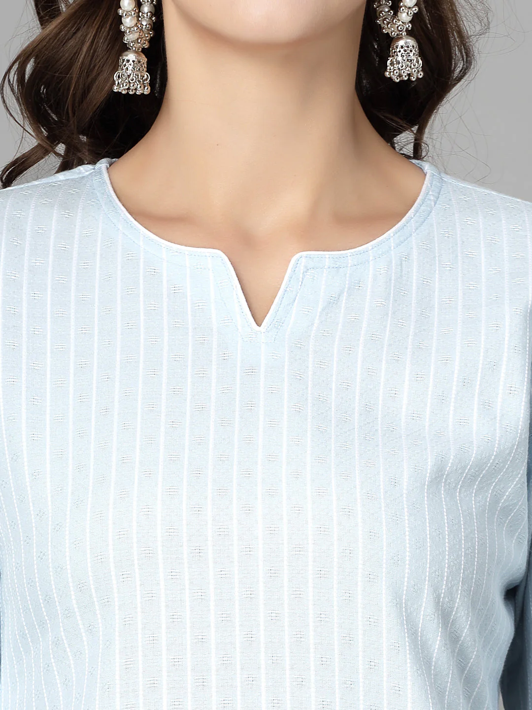 Women Sky Blue Striped Yarn-Dyed Kurta - Image 6