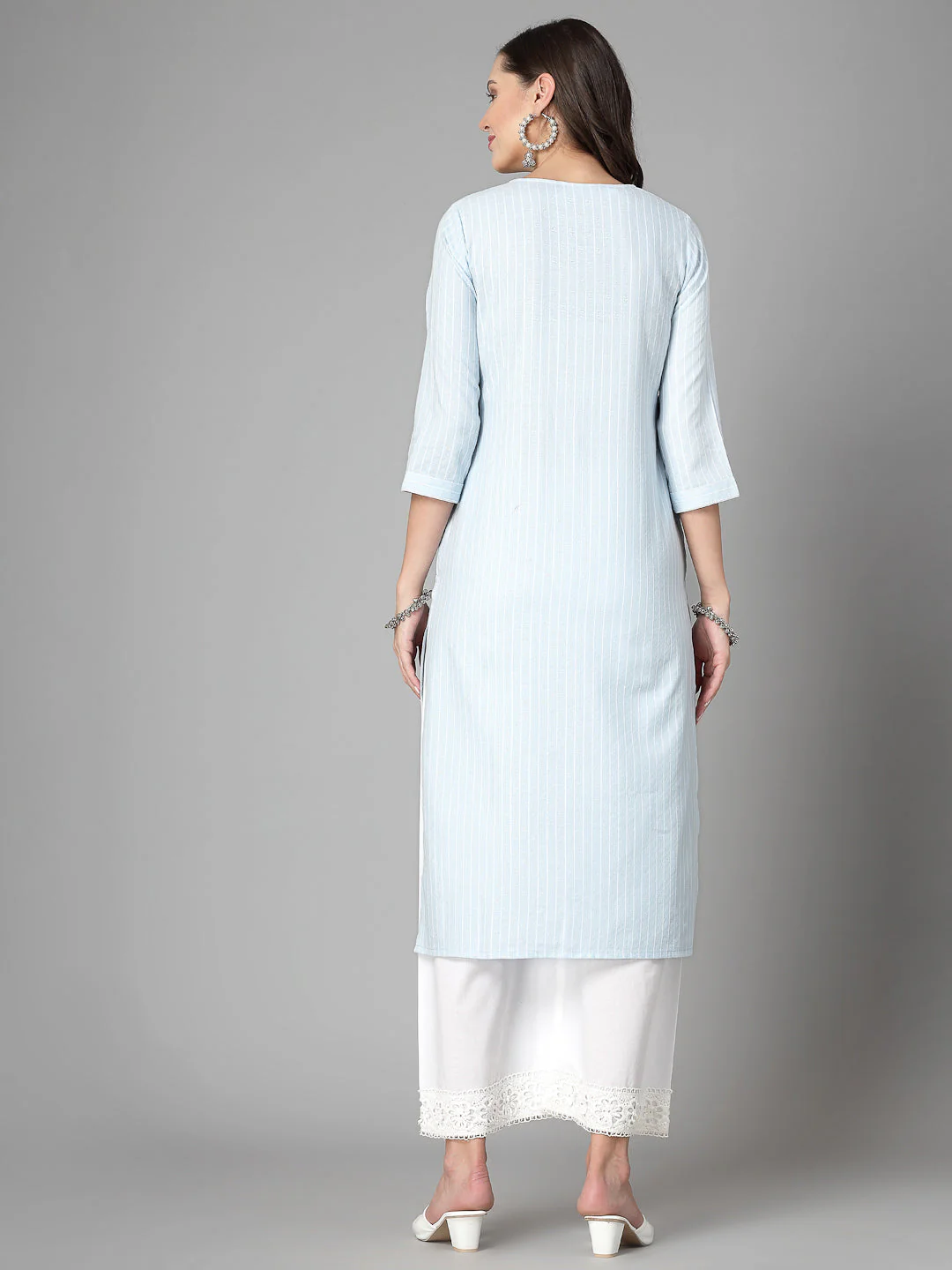 Women Sky Blue Striped Yarn-Dyed Kurta - Image 7