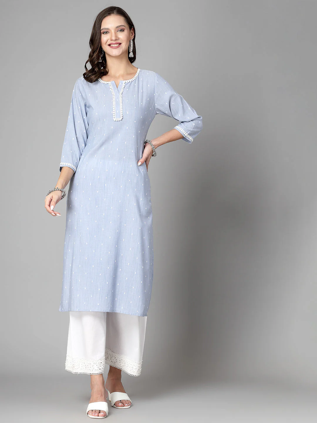 Women Sky Blue Swiss-Dot Kurta With Lace - Image 3