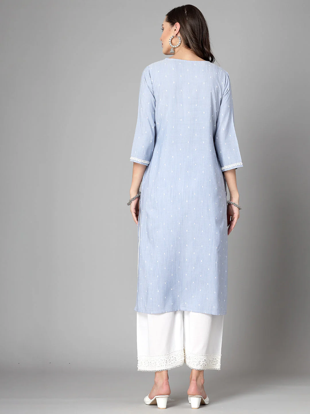 Women Sky Blue Swiss-Dot Kurta With Lace - Image 6