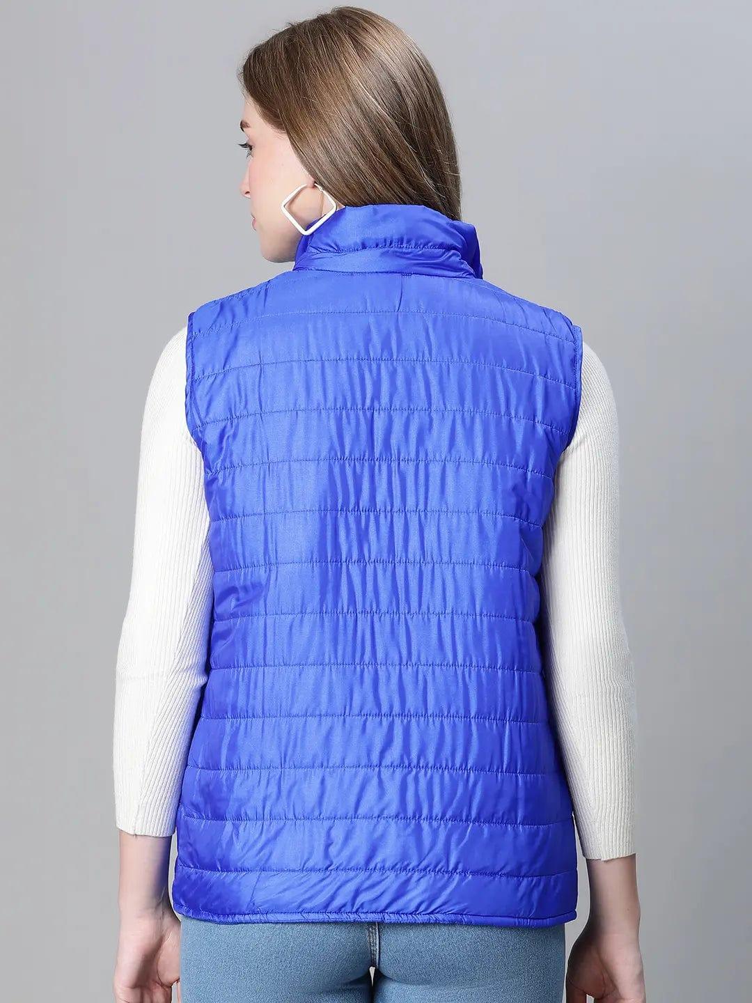 Women Soild Blue High Neck Zipped Sleevless Jacket - Image 5