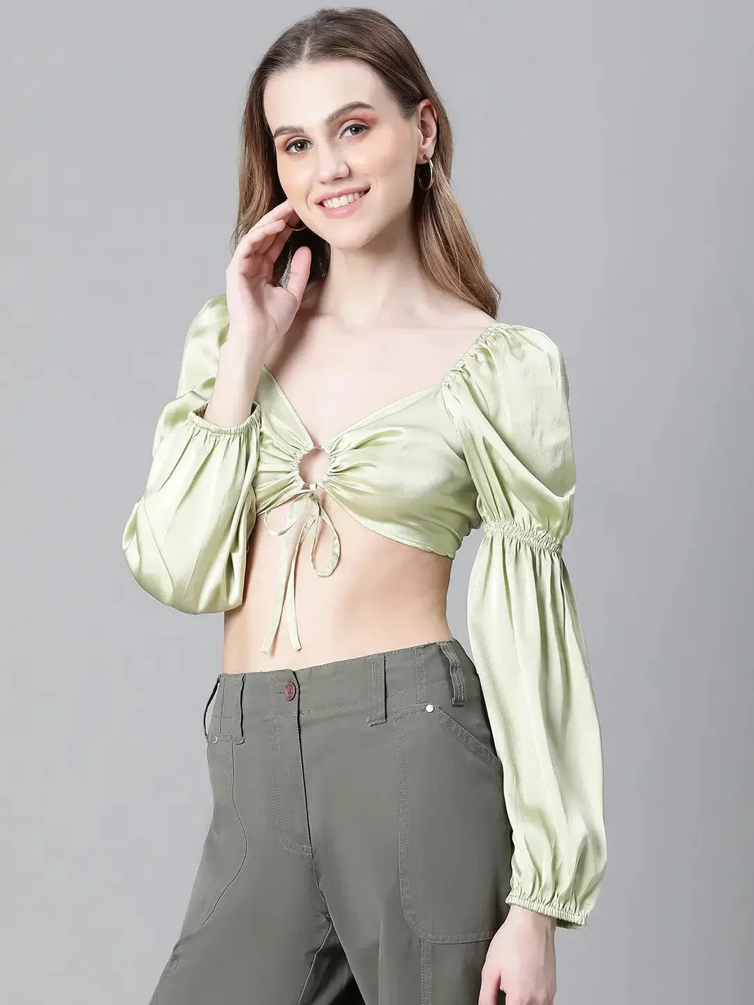 Women Soild Green V-Neck Ring With Tie-Up Detailed Satin Crop Top - Image 3
