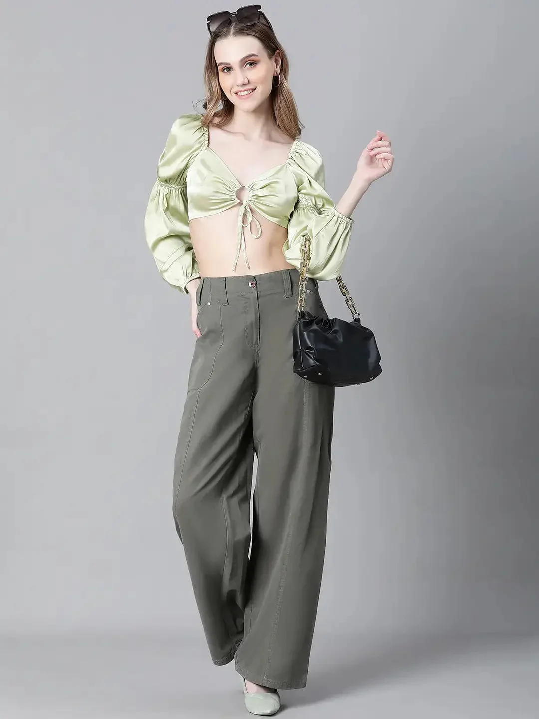 Women Soild Green V-Neck Ring With Tie-Up Detailed Satin Crop Top - Image 7