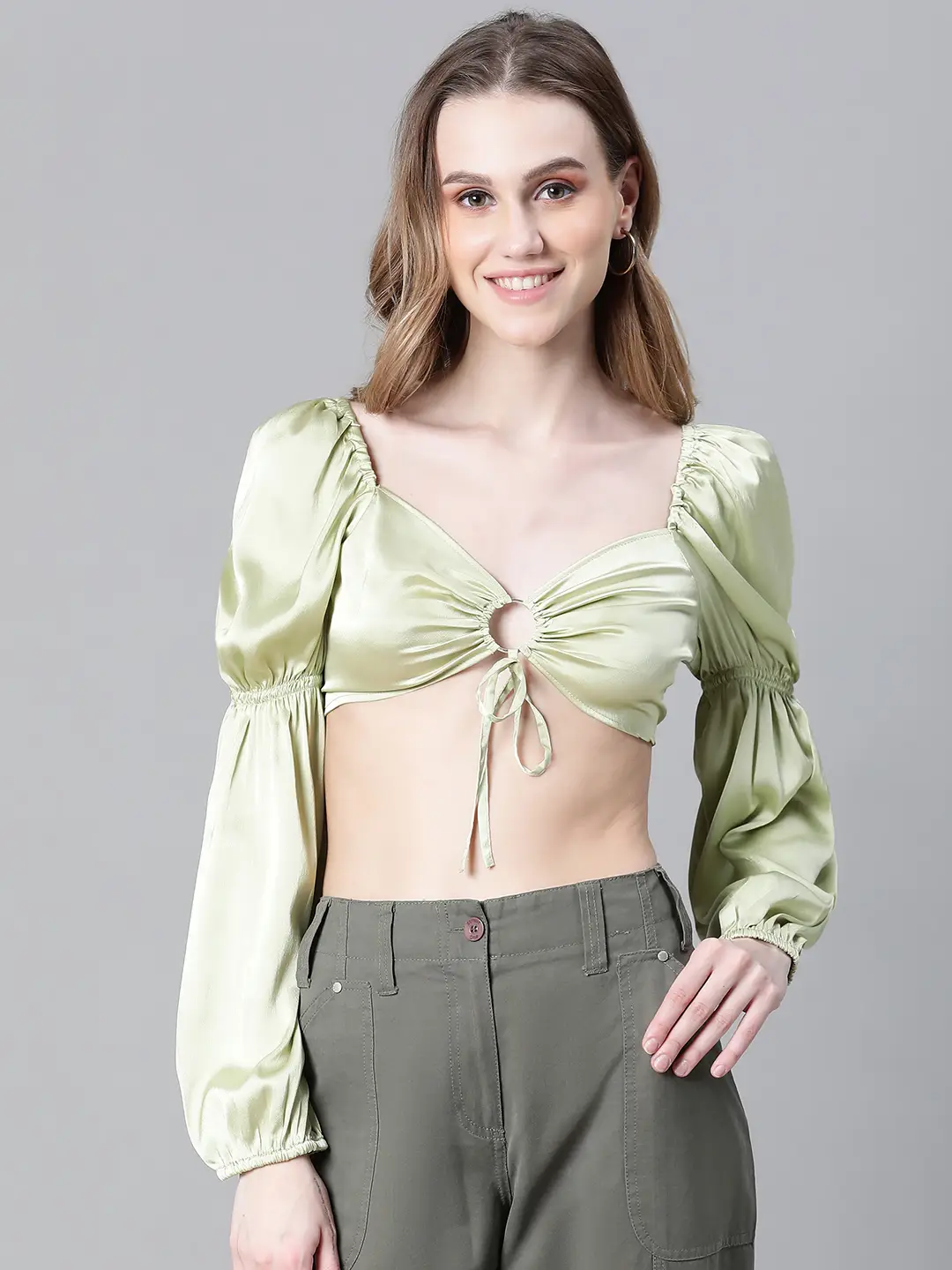 Women Soild Green V-Neck Ring With Tie-Up Detailed Satin Crop Top