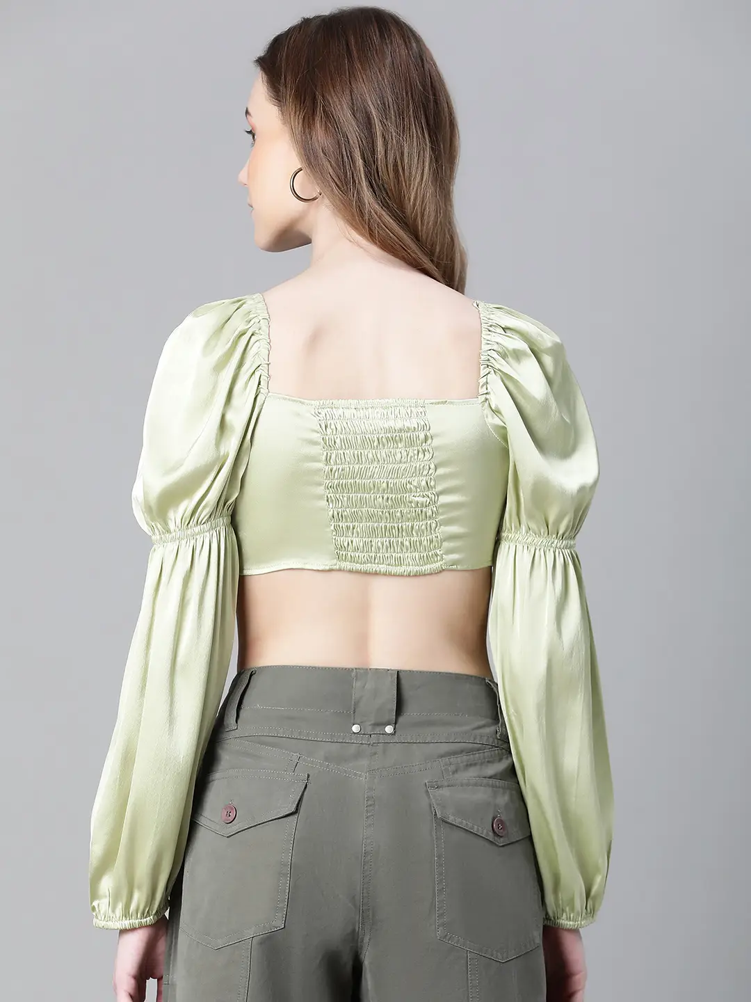 Women Soild Green V-Neck Ring With Tie-Up Detailed Satin Crop Top - Image 5