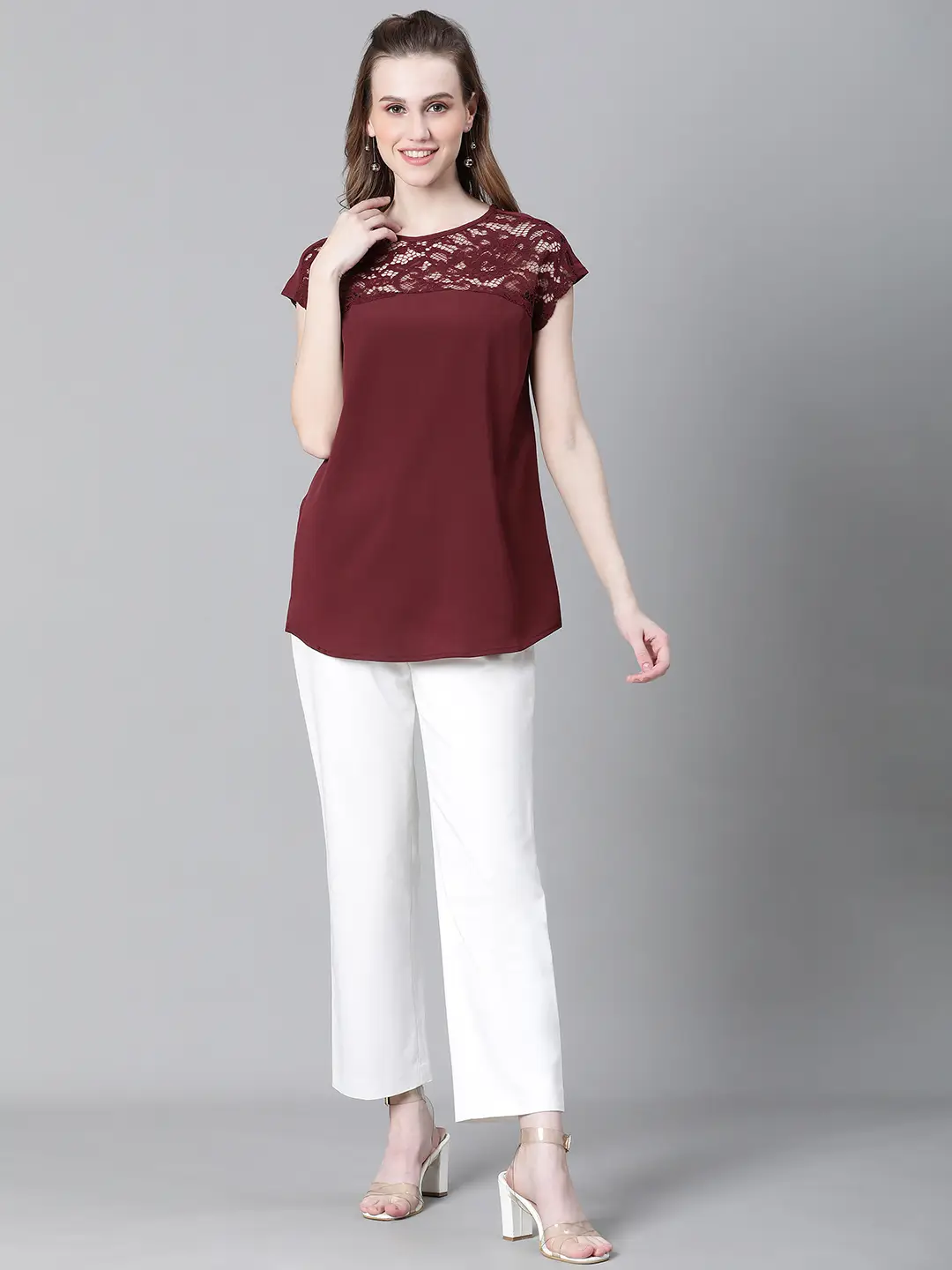 Women Soild Maroon Round Neck Short Sleeve Net Deatiled Top - Image 2