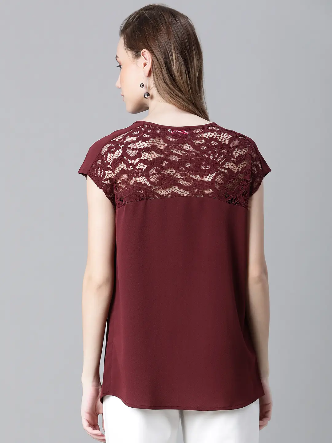 Women Soild Maroon Round Neck Short Sleeve Net Deatiled Top - Image 5