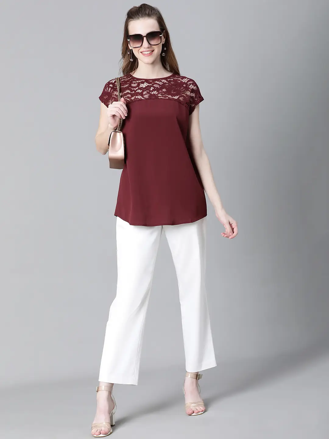 Women Soild Maroon Round Neck Short Sleeve Net Deatiled Top - Image 7
