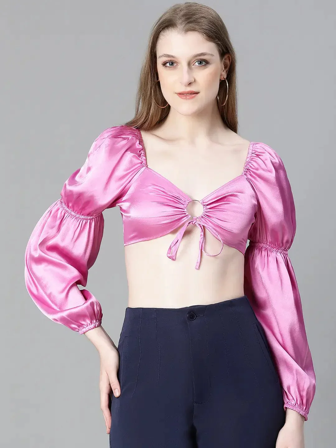Women Soild Pink V-Neck Ring With Tie-Up Detailed Satin Crop Top