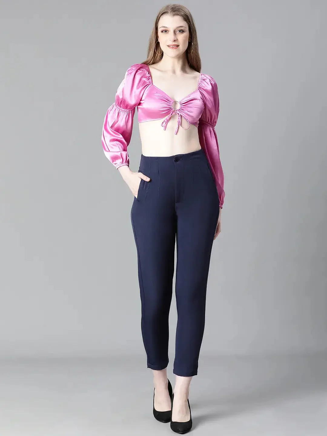 Women Soild Pink V-Neck Ring With Tie-Up Detailed Satin Crop Top - Image 2