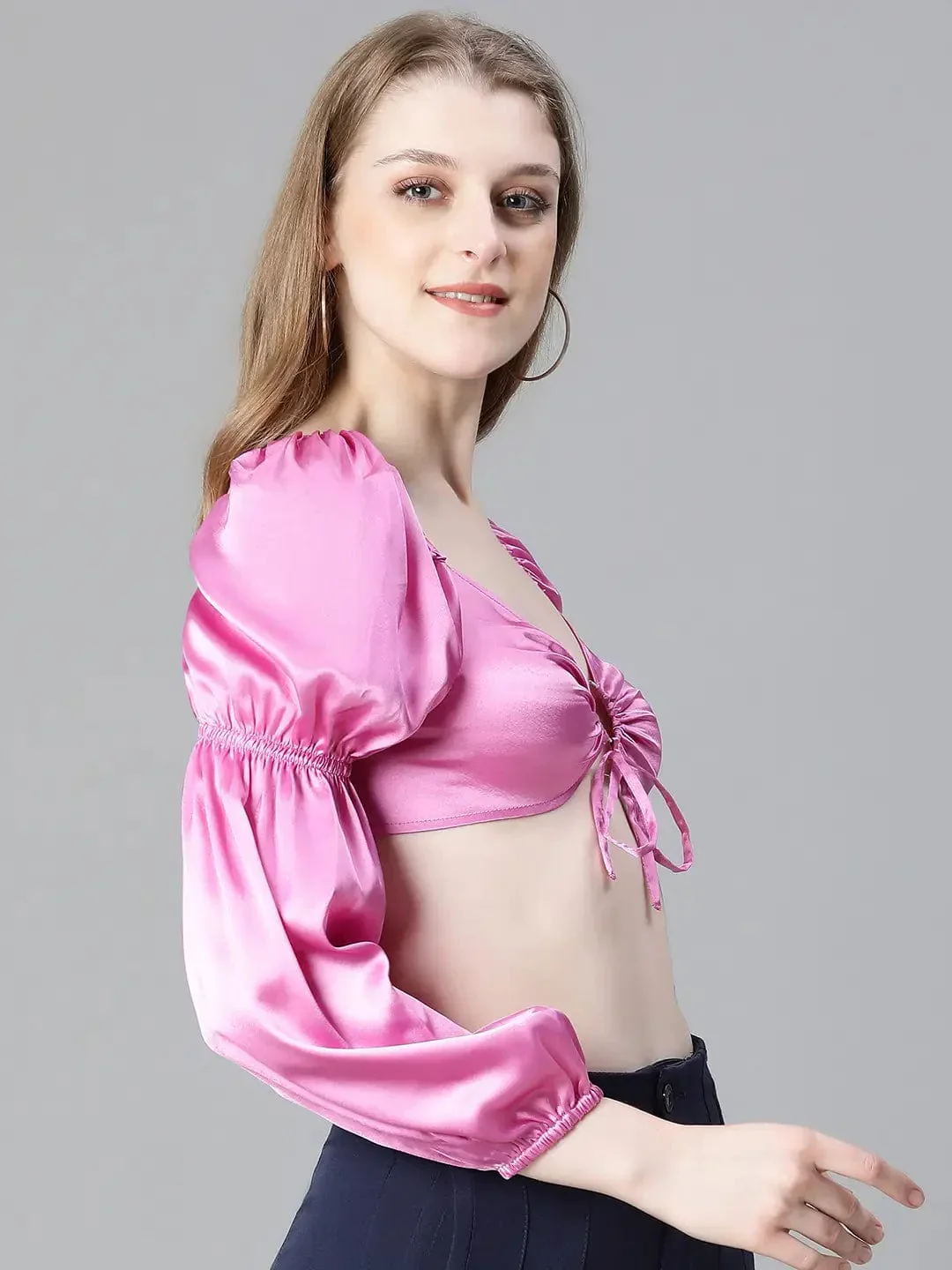 Women Soild Pink V-Neck Ring With Tie-Up Detailed Satin Crop Top - Image 4