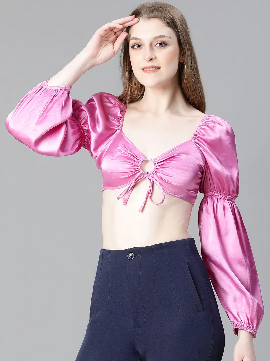 Women Soild Pink V-Neck Ring With Tie-Up Detailed Satin Crop Top - Image 3