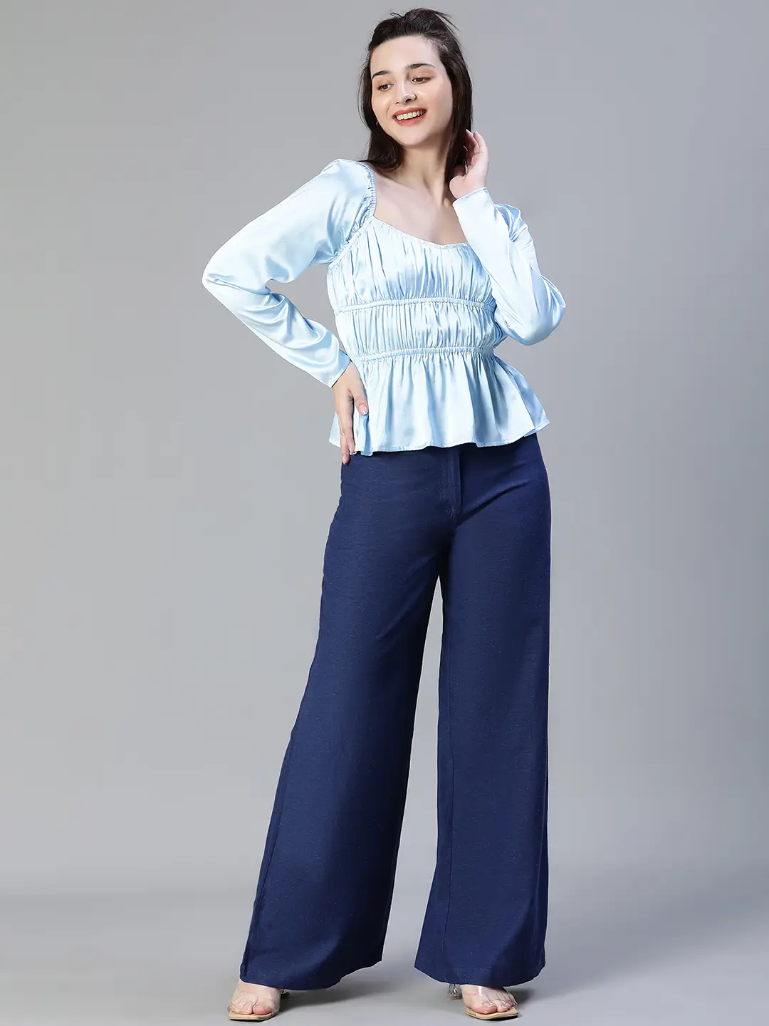 Women Soild Satin Blue Elasticated Round Neck Short Sleeve Top - Image 2
