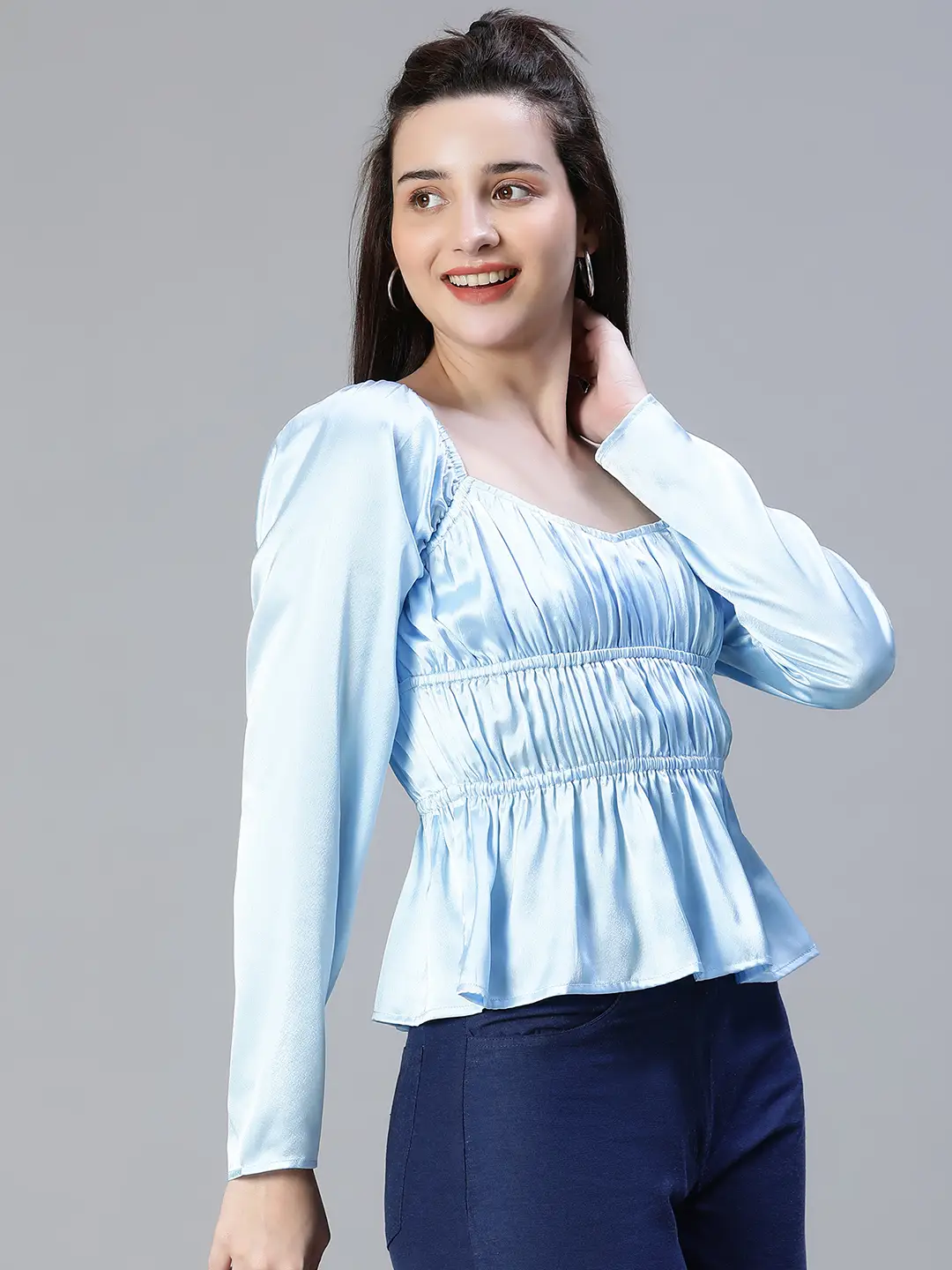 Women Soild Satin Blue Elasticated Round Neck Short Sleeve Top - Image 4