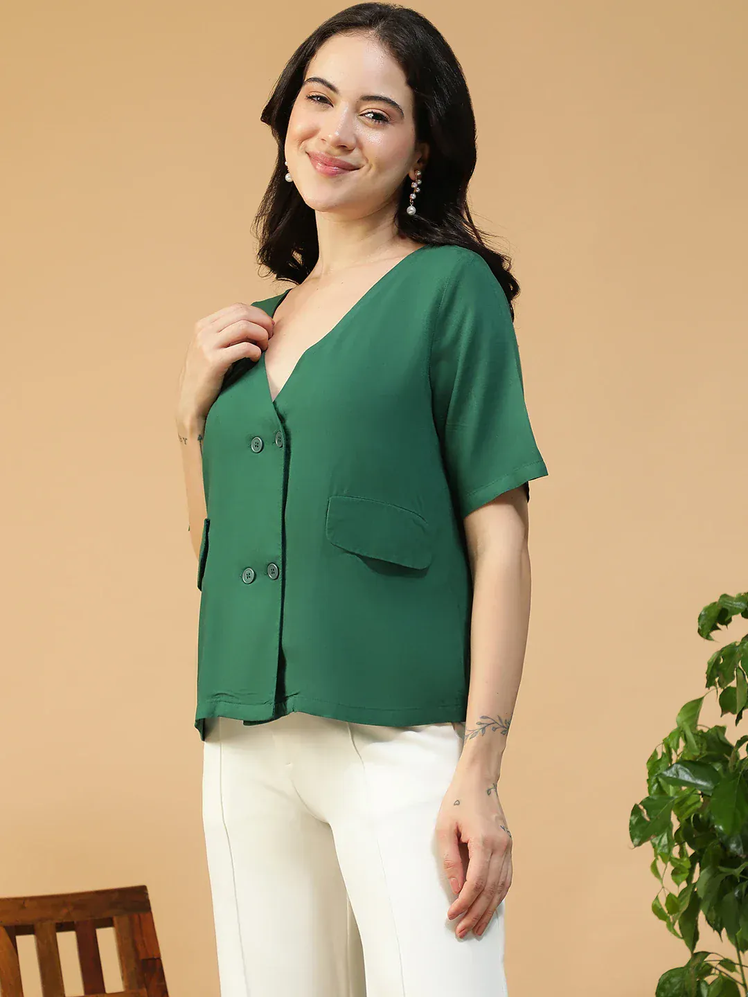 Women Solid Green V-Neck Button Down Top With Front Pockets - Image 6