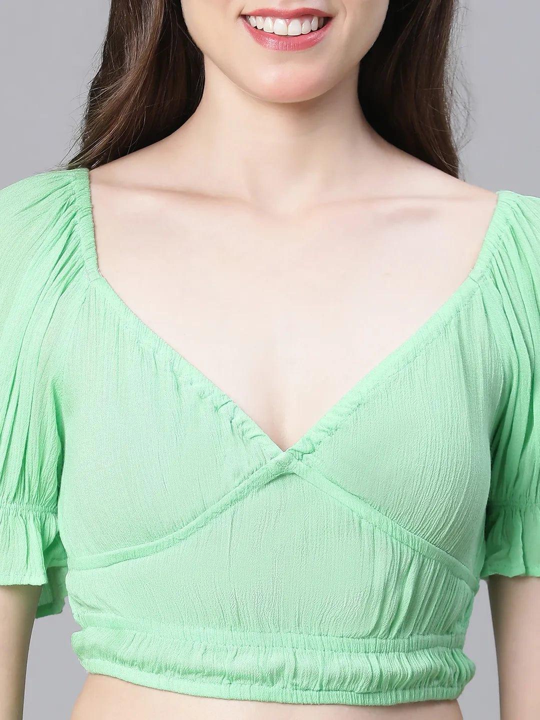 Women Solid Green V-Neck Elasticated Nightwear Crop Women Top - Image 6