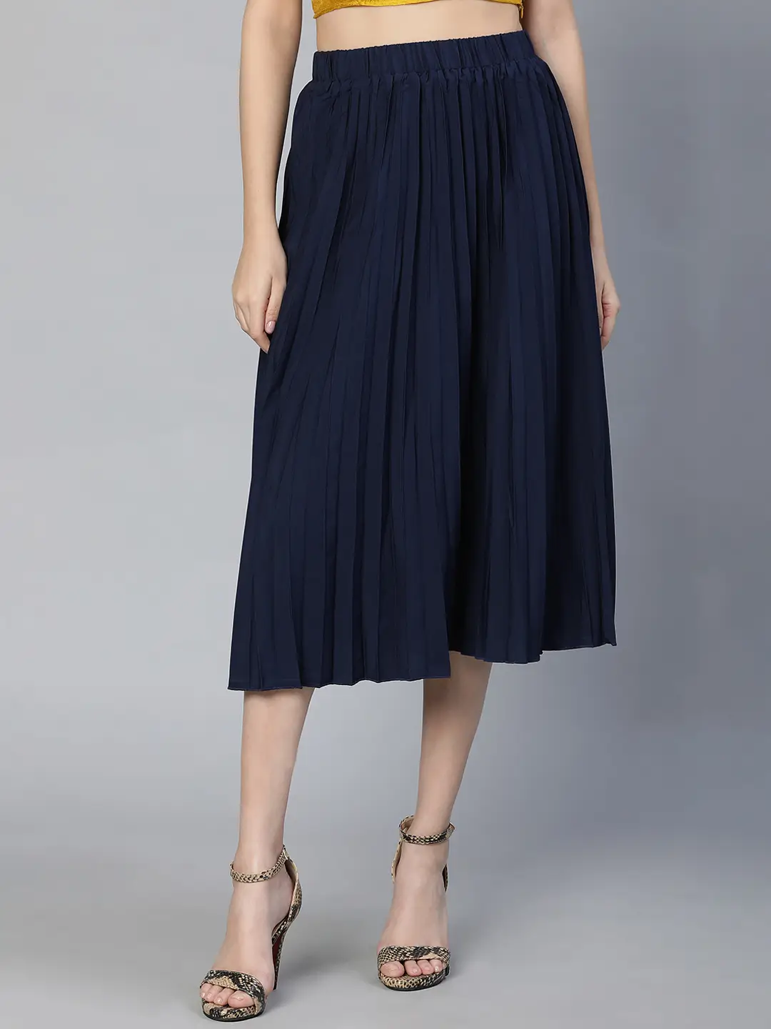 Women Solid Navy Blue Pleated & Elasticated Polyester Skirt