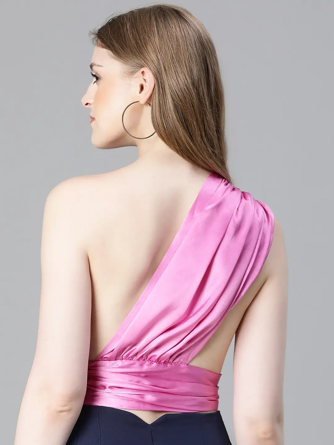 Women Solid Purple Elasticated One-Off Shoulder Partywear Satin Crop Top - Image 5
