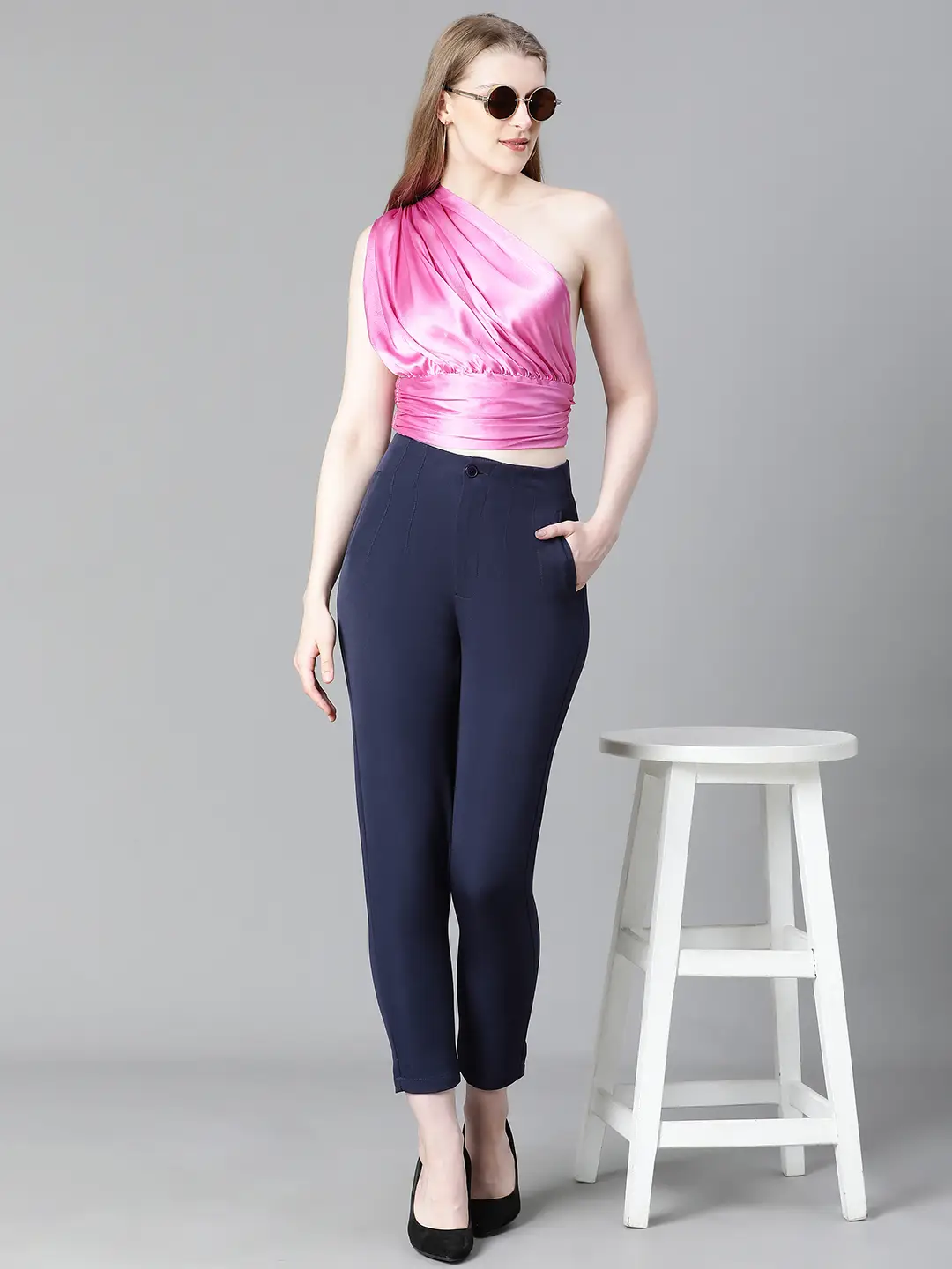 Women Solid Purple Elasticated One-Off Shoulder Partywear Satin Crop Top - Image 8