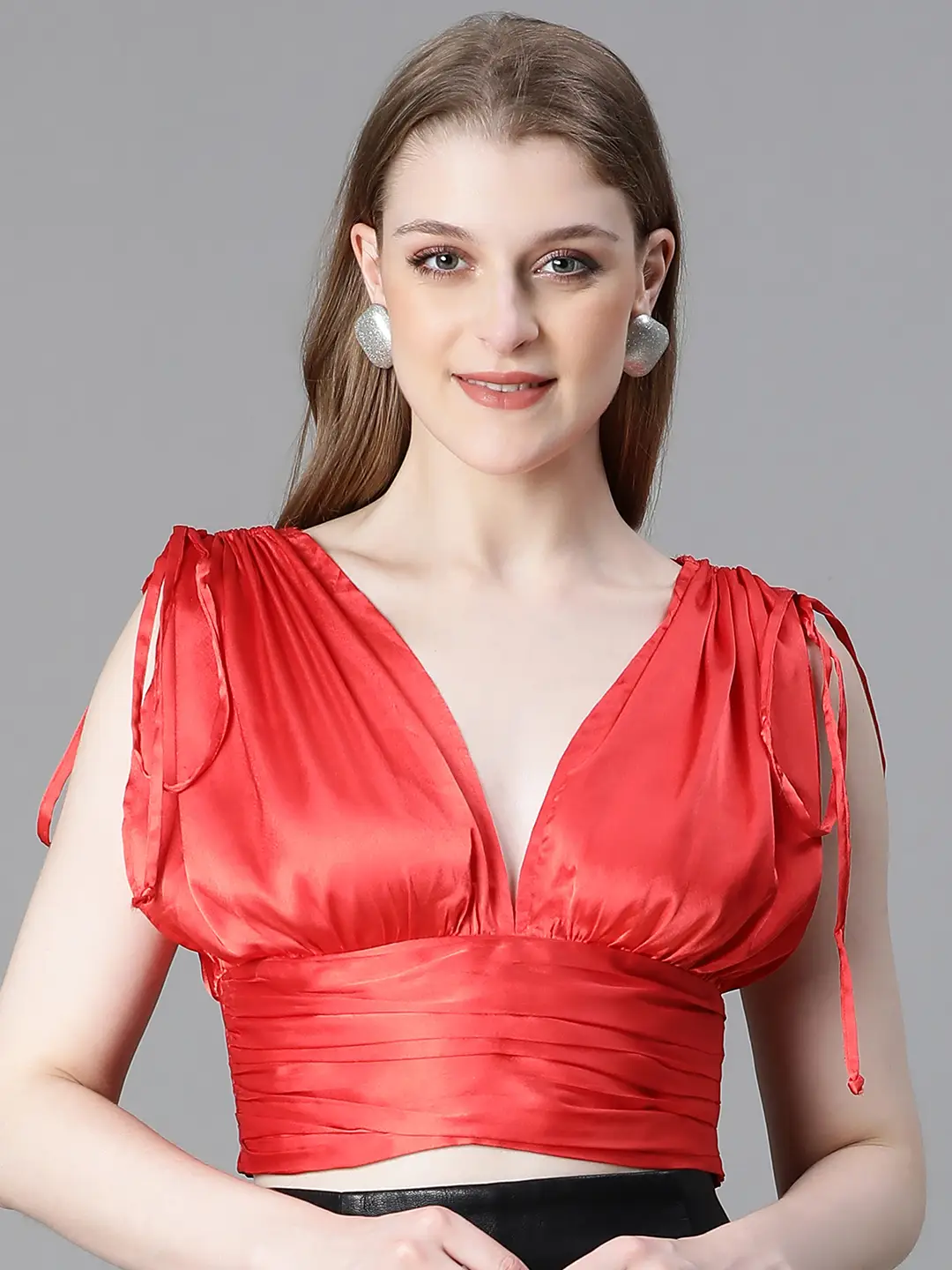 Women Solid Red V-Neck Elasticated Tie-Up Satin Crop Top