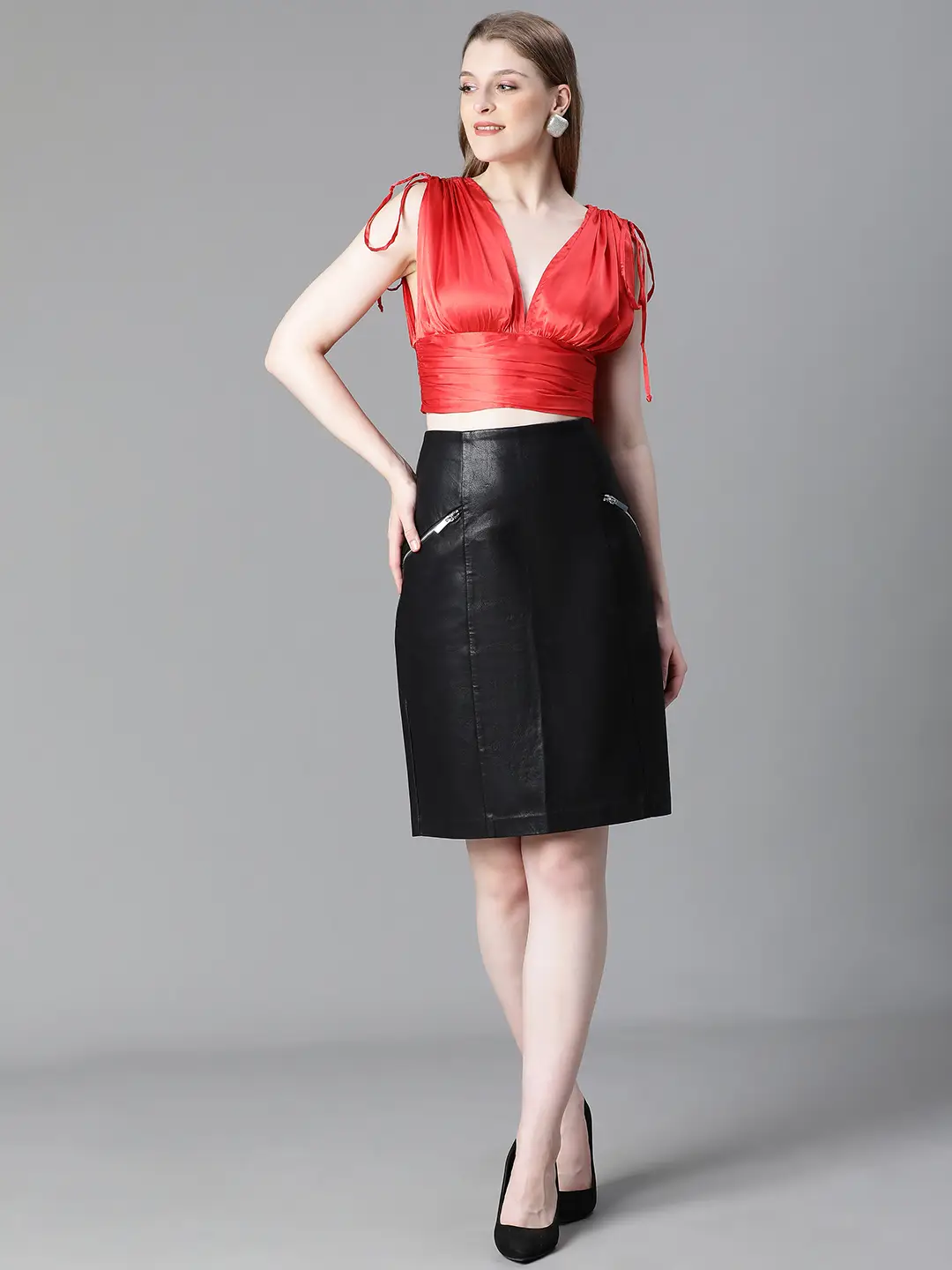 Women Solid Red V-Neck Elasticated Tie-Up Satin Crop Top - Image 2
