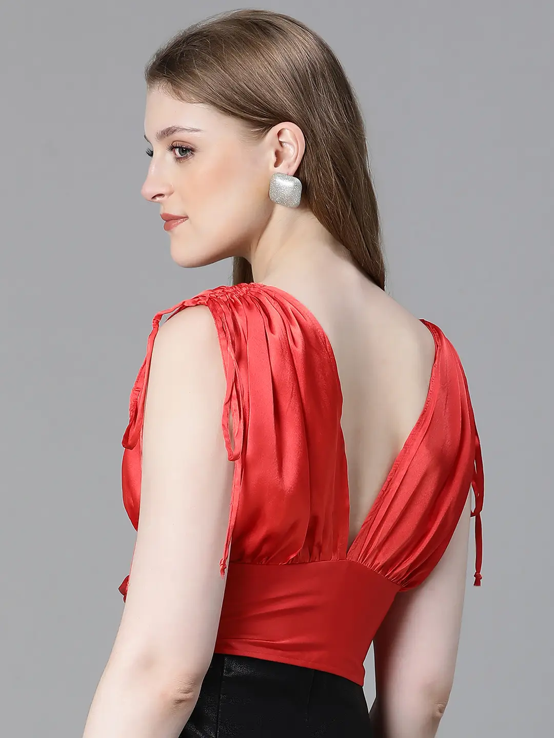Women Solid Red V-Neck Elasticated Tie-Up Satin Crop Top - Image 5