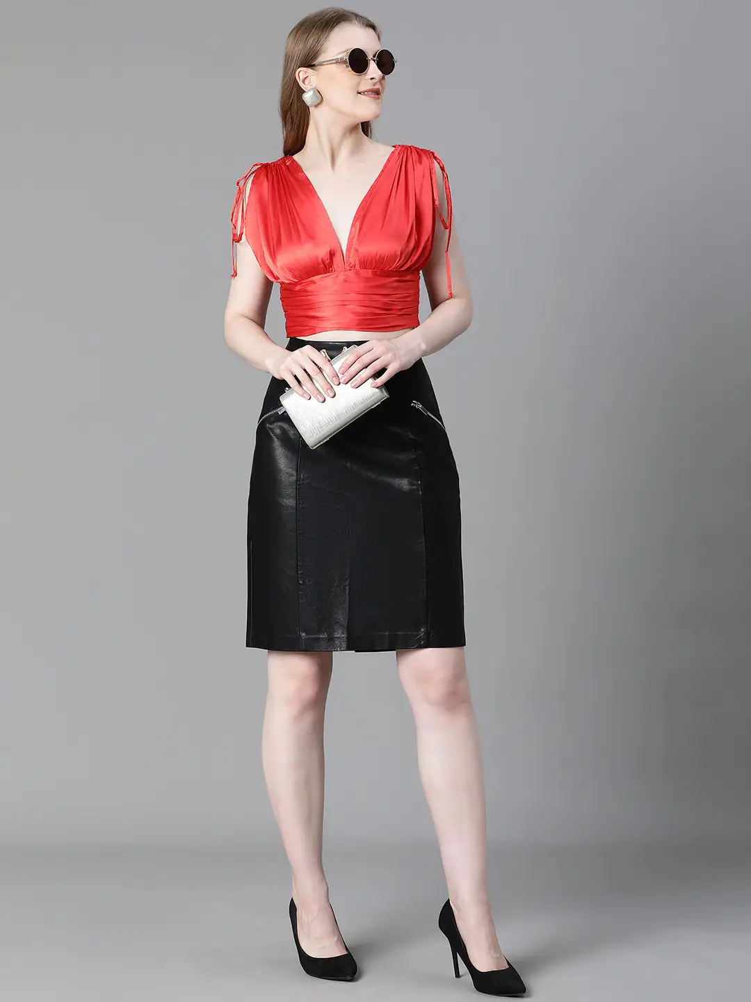 Women Solid Red V-Neck Elasticated Tie-Up Satin Crop Top - Image 7