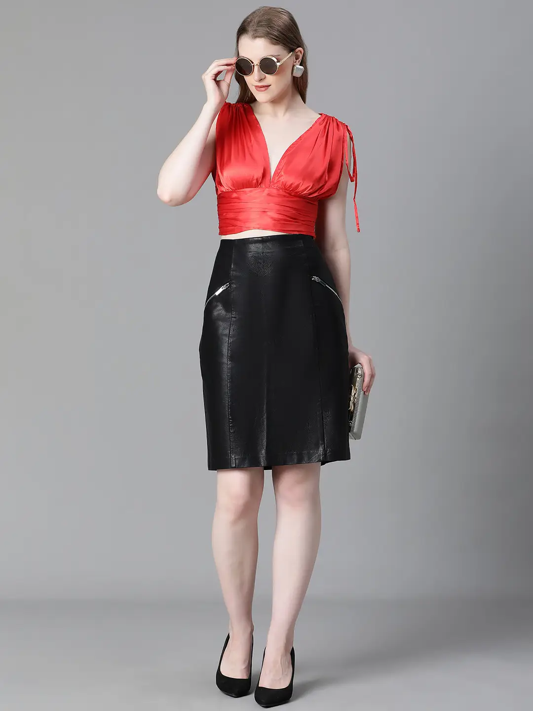 Women Solid Red V-Neck Elasticated Tie-Up Satin Crop Top - Image 8