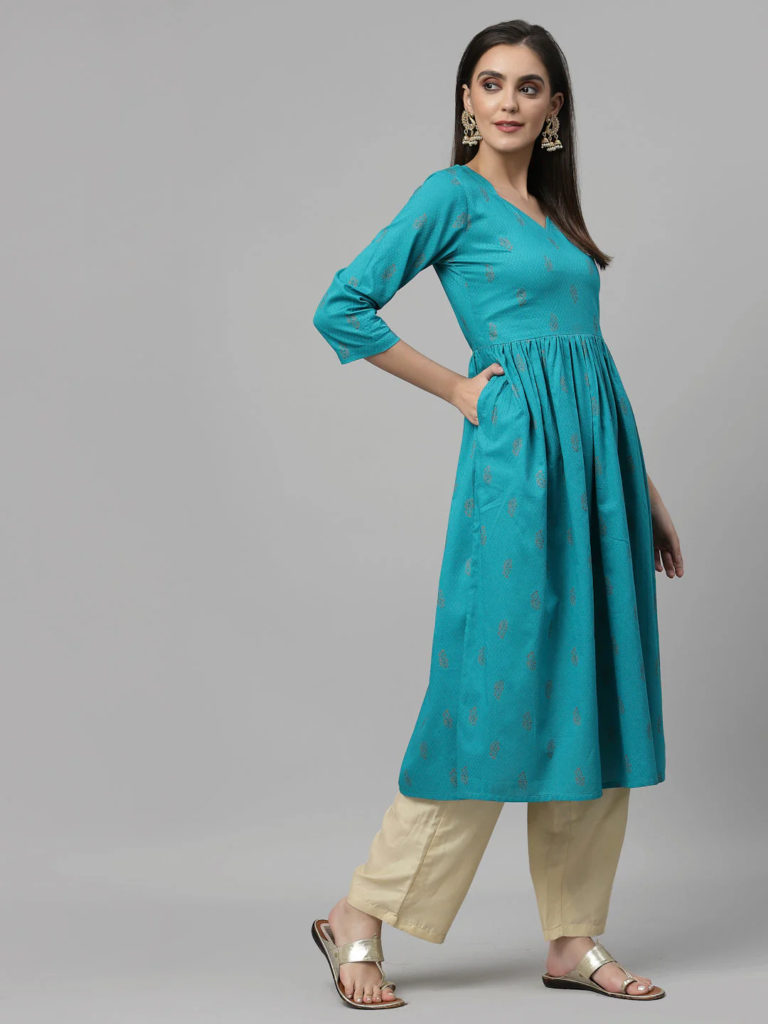 Women Teal Anarkali Kurta With Sweetheart Neck - Image 7