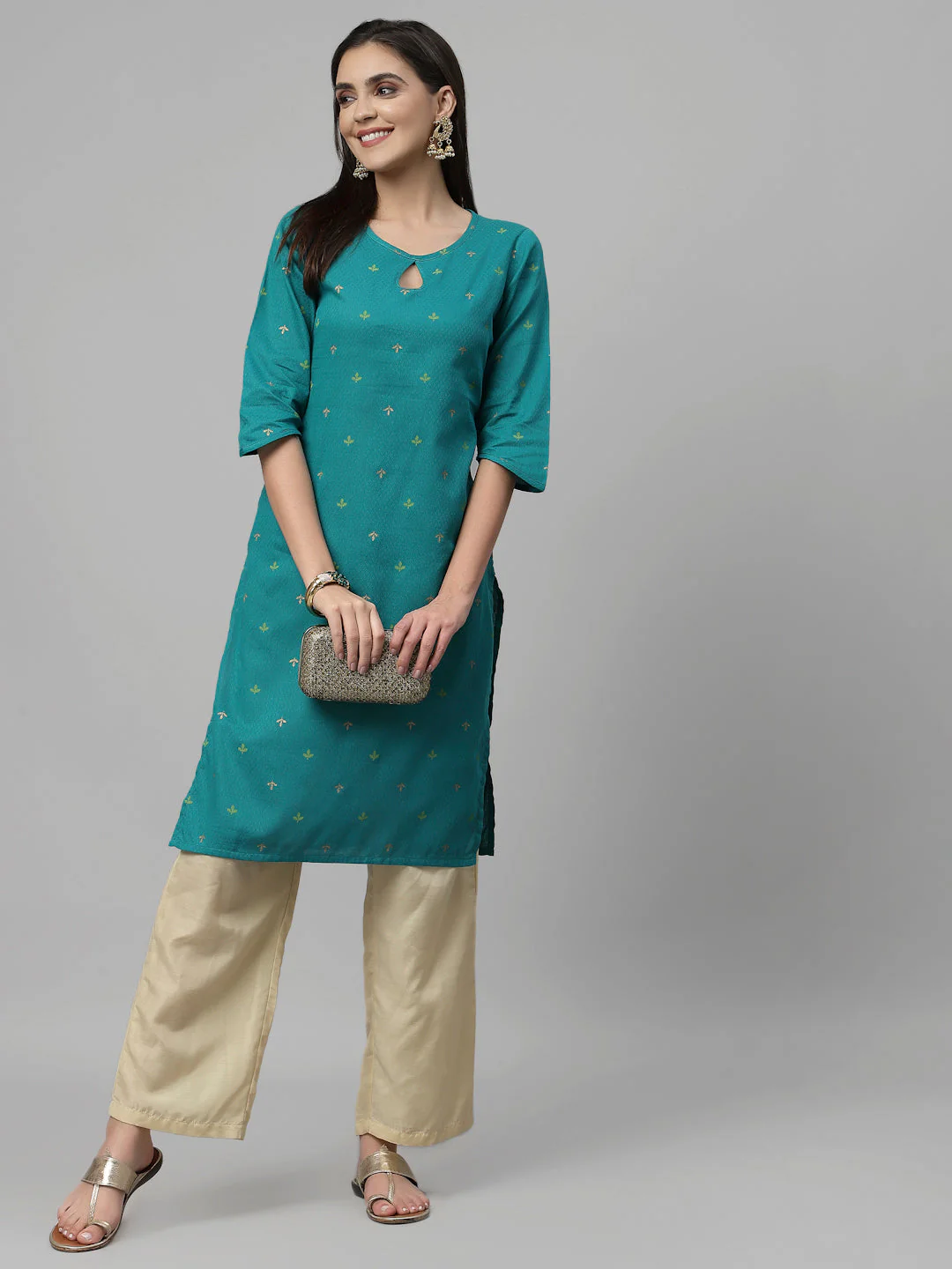Women Teal Keyhole Neck Straight Kurta - Image 8