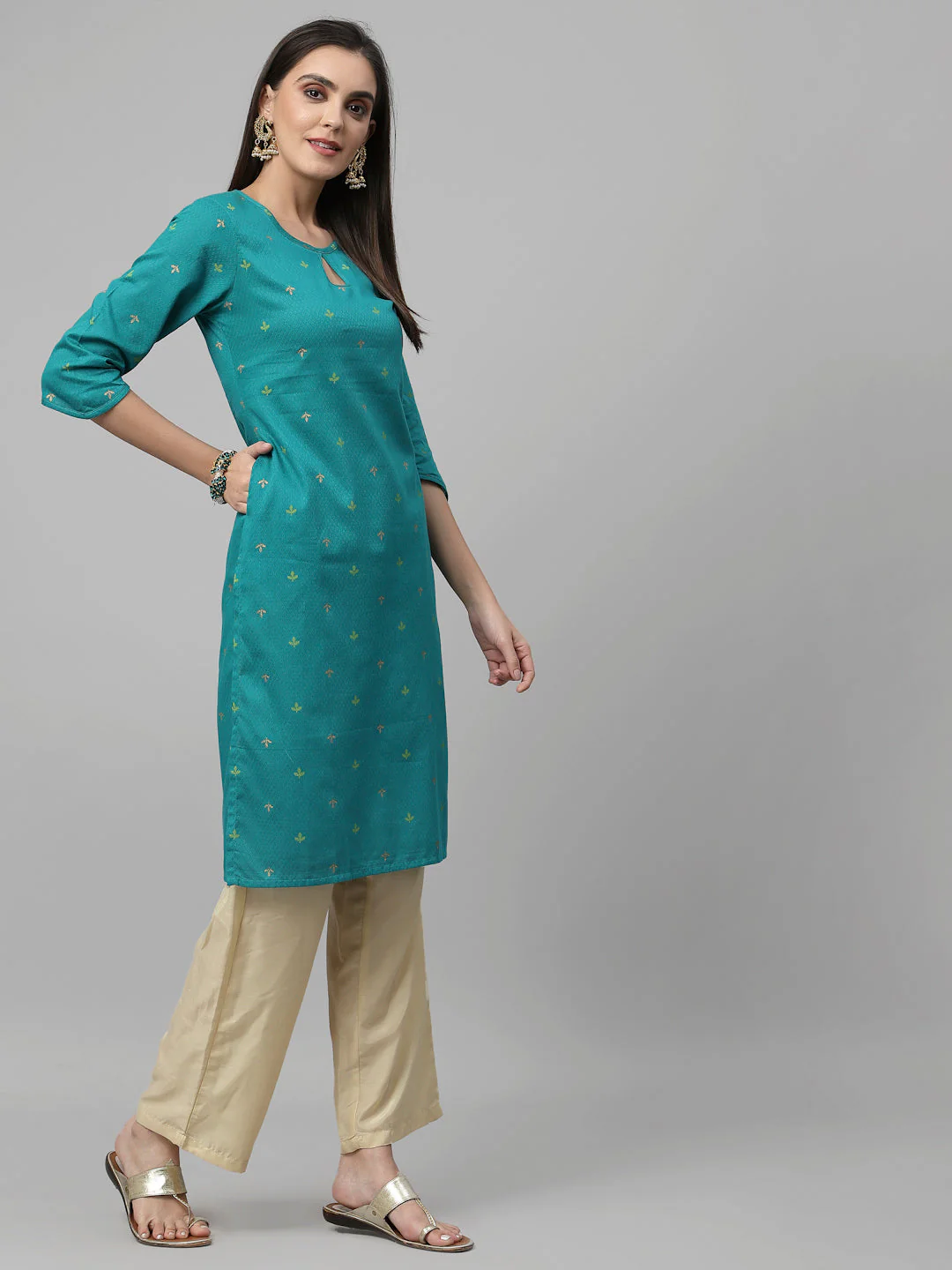 Women Teal Keyhole Neck Straight Kurta - Image 9