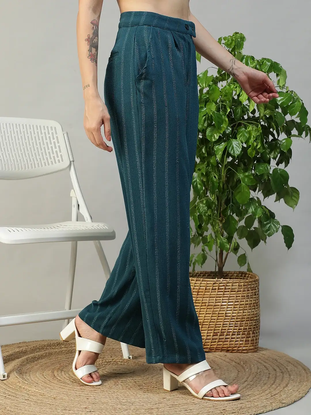 Women Teal Straight Pants with Zip & Button Closure - Image 3