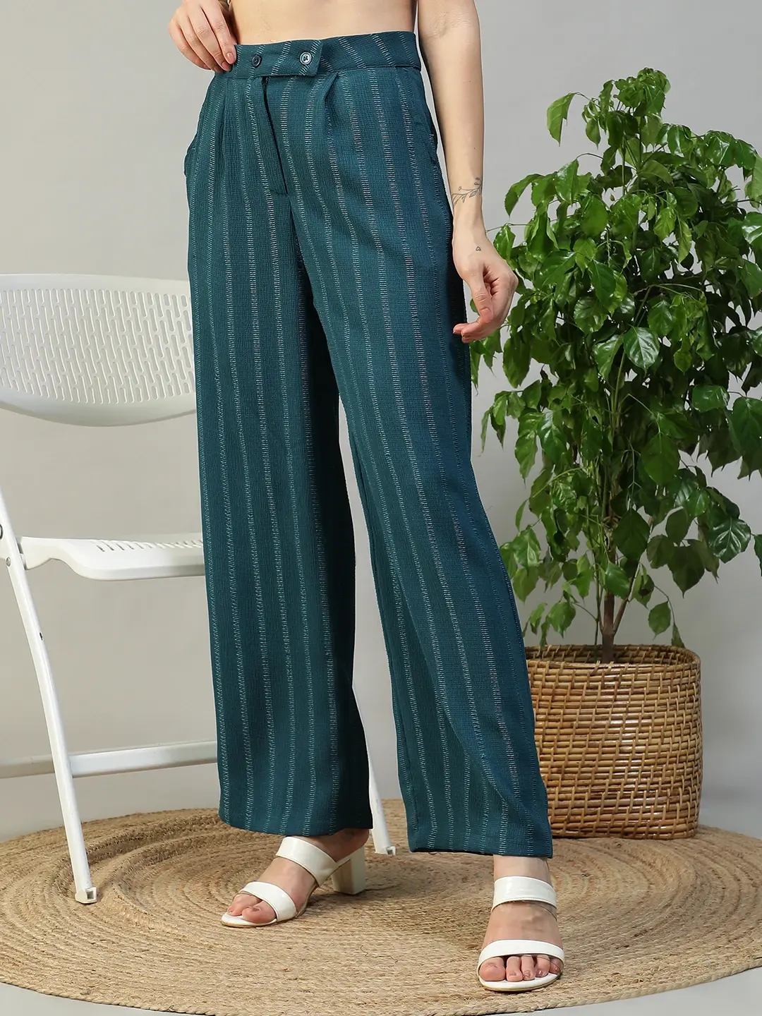 Women Teal Straight Pants with Zip & Button Closure - Image 4