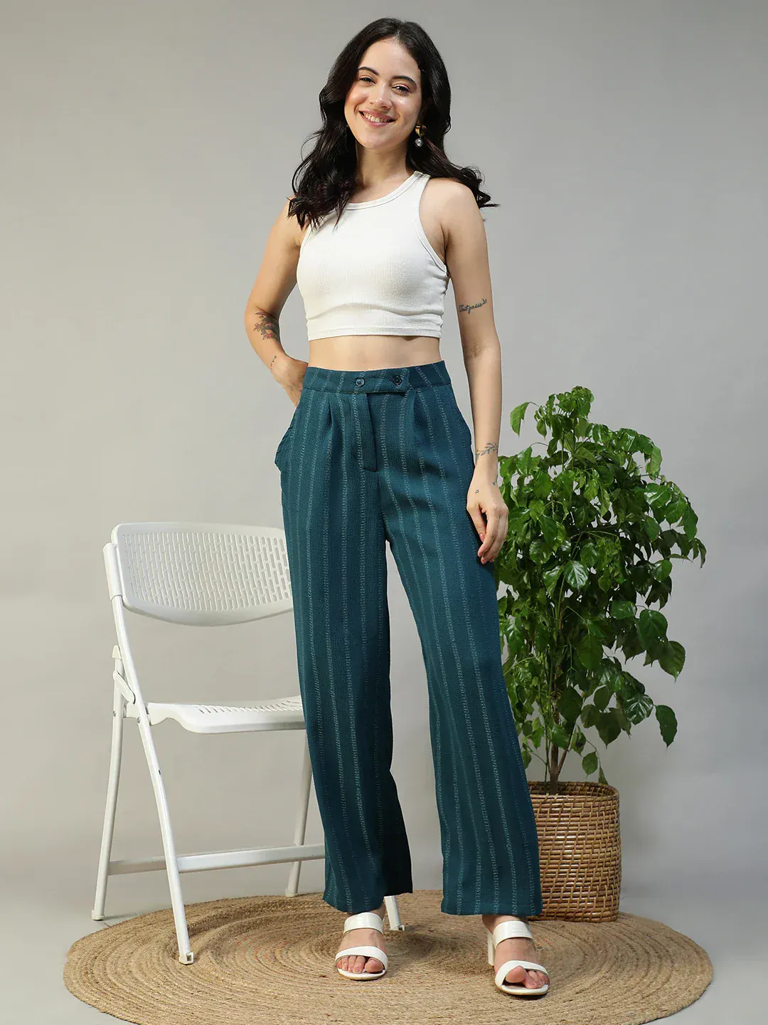 Women Teal Straight Pants with Zip & Button Closure - Image 5