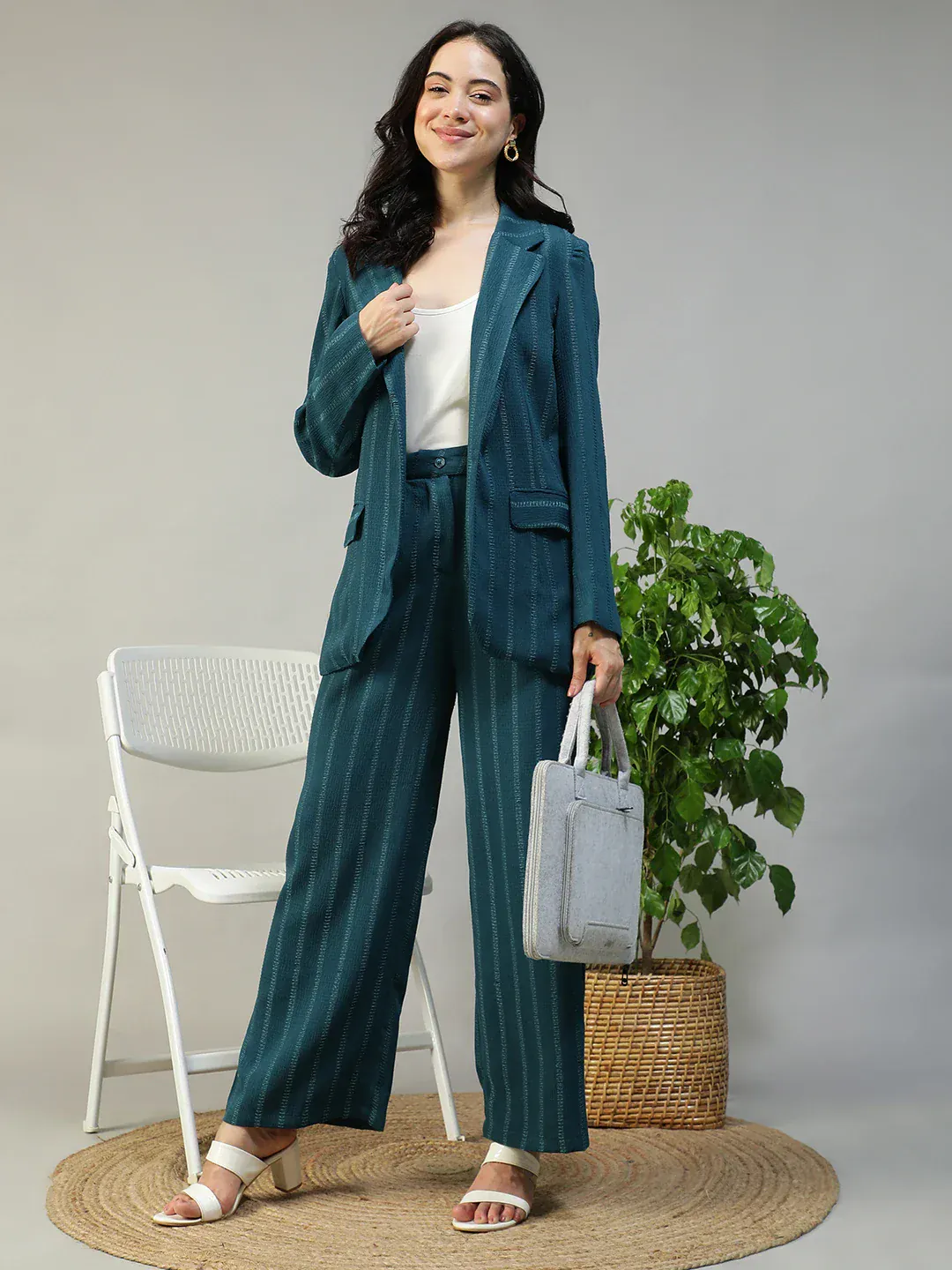Women Teal Stripe Dobby Button-Down Blazer With Front Pockets | Oxolloxo - Image 7