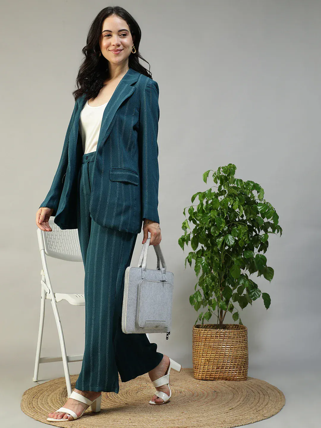 Women Teal Stripe Dobby Button-Down Blazer With Front Pockets | Oxolloxo - Image 8