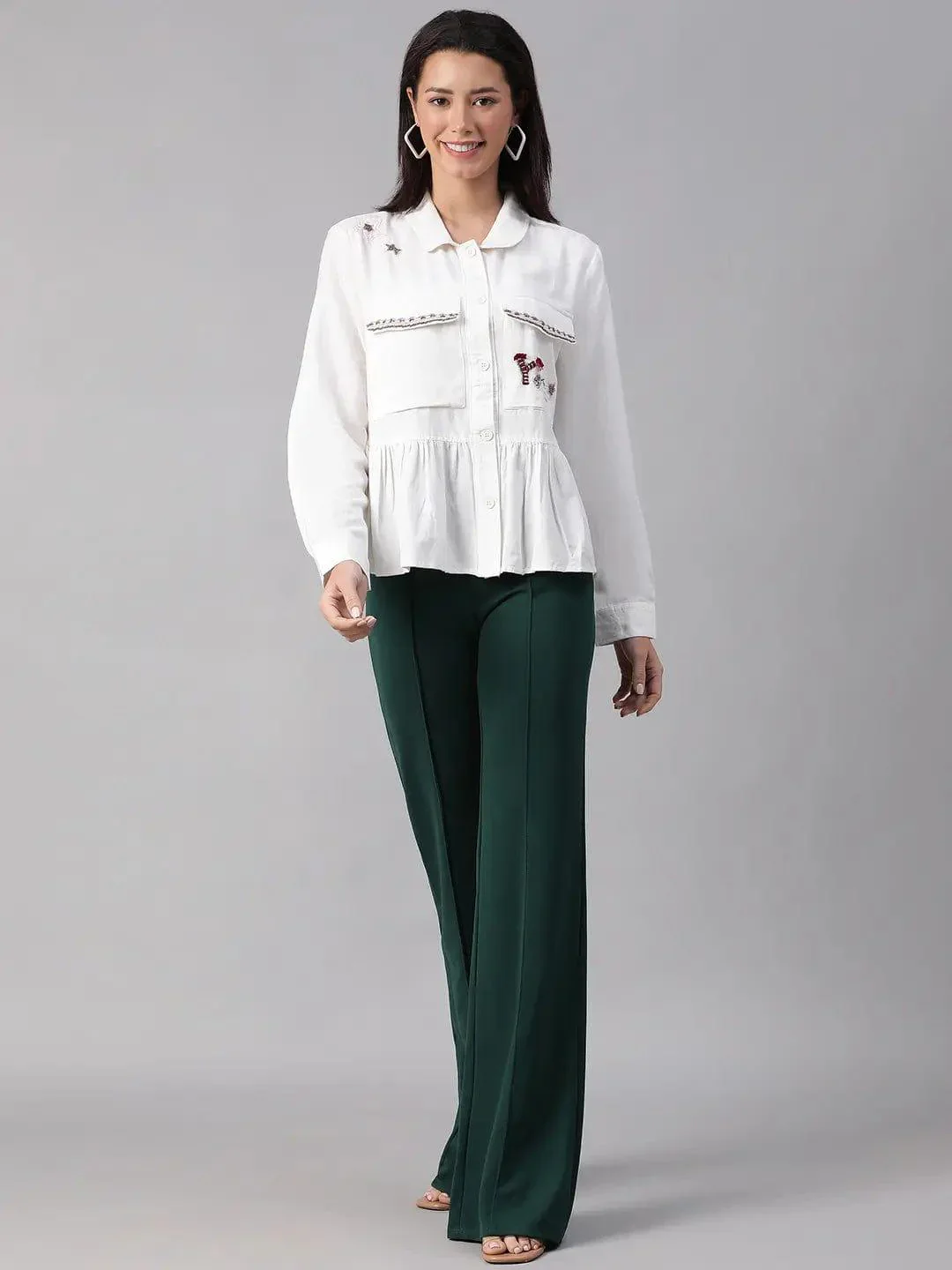 Women White Collared Long Sleeve Floral Embellished Buttoned Cotton Bomber Jacket - Image 2